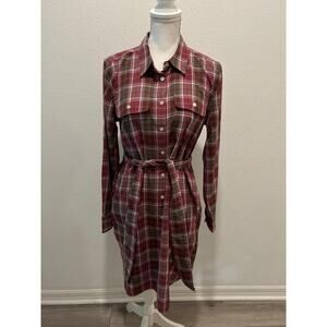 Lauren Ralph Lauren Womens Checked Plaid Belted Cotton Shirtdress Sz 10 Burgundy